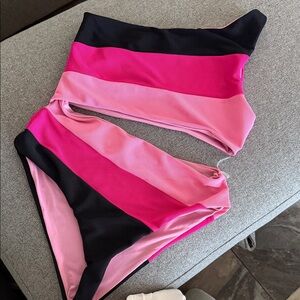 BEACH RIOT Pink and Black Striped Swimsuit